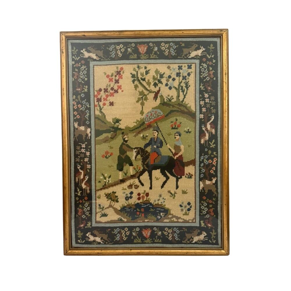 Vintage Persian Style Completed Needlepoint Framed Art Tapestry Country Scene